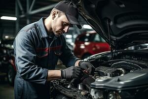 professionnel mécanicien travail dans auto réparation magasin. voiture un service et entretien concep. génératif ai photo