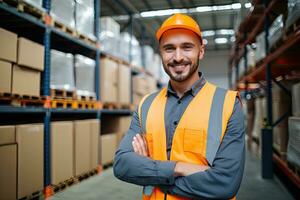 souriant entrepôt ouvrier en portant des boites dans entrepôt. cette est une cargaison transport et Distribution entrepôt. industriel et industriel ouvriers concept. génératif ai photo