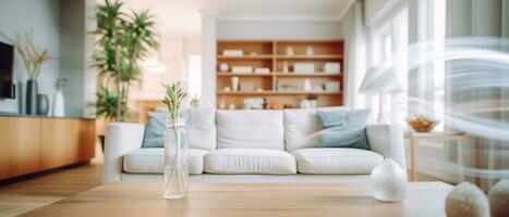 flou moderne vivant pièce intérieur avec élégant canapé et en bois lampe pour captivant arrière-plans. génératif ai photo
