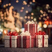 groupes de Noël présente et des balles contre le toile de fond de une de fête Noël arbre avec coloré de fête lumières. génératif ai photo