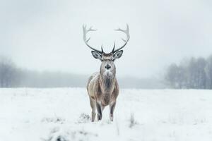 une cerf des stands dans de face de une neige couvert champ dans une hiver forêt. génératif ai photo