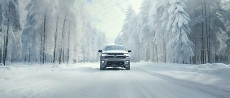 voiture conduite sur neige couvert forêt route dans l'hiver. génératif ai photo