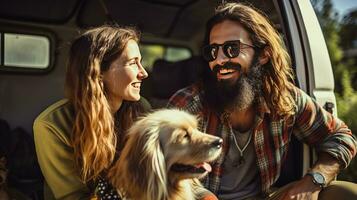 branché couple et leur chien profiter une camping aventure sur une mini van aventure, camping dans le génial en plein air, création durable souvenirs. génératif ai photo