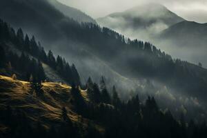 effrayant l'automne montagnes couvert dans brouillard, création une mystérieux et sinistre atmosphère. génératif ai photo