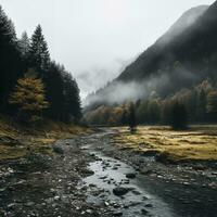 effrayant l'automne montagnes couvert dans brouillard, création une mystérieux et sinistre atmosphère. génératif ai photo