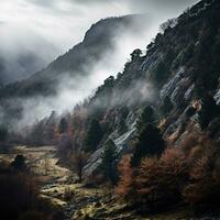 effrayant l'automne montagnes couvert dans brouillard, création une mystérieux et sinistre atmosphère. génératif ai photo