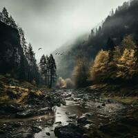 effrayant l'automne montagnes couvert dans brouillard, création une mystérieux et sinistre atmosphère. génératif ai photo