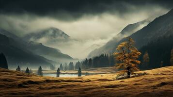 effrayant l'automne montagnes couvert dans brouillard, création une mystérieux et sinistre atmosphère. génératif ai photo