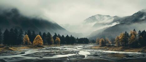 effrayant l'automne montagnes couvert dans brouillard, création une mystérieux et sinistre atmosphère. génératif ai photo