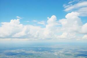 panoramique vue de des champs et des nuages de un avion la fenêtre. le ciel est une brillant bleu avec duveteux blanc des nuages. génératif ai photo