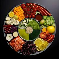 fraîchement tranché des légumes arrangé sur une assiette avec sauce sur le foncé Contexte. ai génératif photo