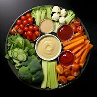 fraîchement tranché des légumes arrangé sur une assiette avec sauce sur le foncé Contexte. ai génératif photo