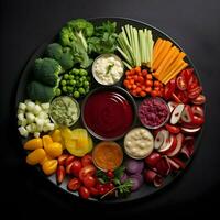 fraîchement tranché des légumes arrangé sur une assiette avec sauce sur le foncé Contexte. ai génératif photo