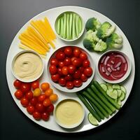 fraîchement tranché des légumes arrangé sur une assiette avec sauce sur le foncé Contexte. ai génératif photo