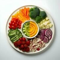 fraîchement tranché des légumes arrangé sur une assiette avec sauce sur le foncé Contexte. ai génératif photo