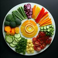 fraîchement tranché des légumes arrangé sur une assiette avec sauce sur le foncé Contexte. ai génératif photo