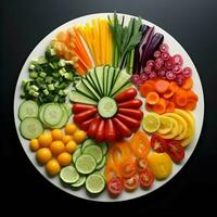 fraîchement tranché des légumes arrangé sur une assiette avec sauce sur le foncé Contexte. ai génératif photo