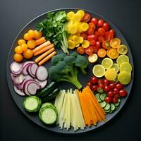 fraîchement tranché des légumes arrangé sur une assiette avec sauce sur le foncé Contexte. ai génératif photo