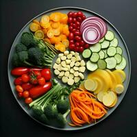 fraîchement tranché des légumes arrangé sur une assiette avec sauce sur le foncé Contexte. ai génératif photo