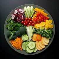 fraîchement tranché des légumes arrangé sur une assiette avec sauce sur le foncé Contexte. ai génératif photo