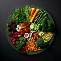 fraîchement tranché des légumes arrangé sur une assiette avec sauce sur le foncé Contexte. ai génératif photo