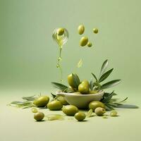 Olives et olive pétrole flottant sur une vert Contexte. haute qualité ai génératif photo