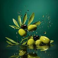 Olives et olive pétrole flottant sur une vert Contexte. haute qualité ai génératif photo