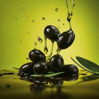 Olives et olive pétrole flottant sur une vert Contexte. haute qualité ai génératif photo