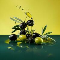 Olives et olive pétrole flottant sur une vert Contexte. haute qualité ai génératif photo