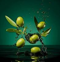 Olives et olive pétrole flottant sur une vert Contexte. haute qualité ai génératif photo