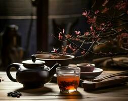 traditionnel thé sur une en bois tableau. haute résolution. ai génératif photo