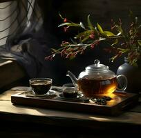 traditionnel thé sur une en bois tableau. haute résolution. ai génératif photo