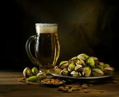 pistaches sur une assiette et Bière dans le verre. haute résolution. ai génératif photo