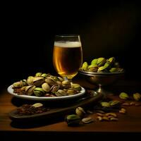 pistaches sur une assiette et Bière dans le verre. haute résolution. ai génératif photo