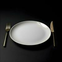 minimaliste blanc céramique assiette avec une métal fourchette et couteau. retour voir. haute résolution. ai génératif photo