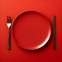 minimaliste rouge céramique assiette avec métal fourchette et couteau. haute résolution. ai génératif photo