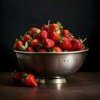 fraise dans le métallique bol sur le en bois tableau. haute résolution. ai génératif photo