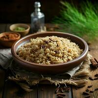 marron riz dans une bol avec une en bois cuillère. haute qualité. ai génératif photo