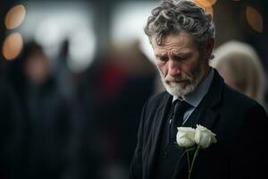 fermer coup de une Sénior homme dans de face de une funéraire bouquet ai généré photo