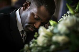 fermer coup de une Sénior homme dans de face de une funéraire bouquet ai généré photo