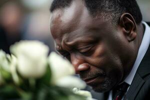 fermer coup de une Sénior homme dans de face de une funéraire bouquet ai généré photo