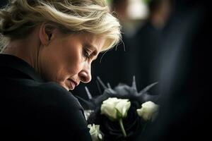 portrait de une triste femme avec une funéraire bouquet de fleurs ai généré photo