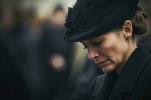 portrait de une triste femme avec une funéraire bouquet de fleurs ai généré photo