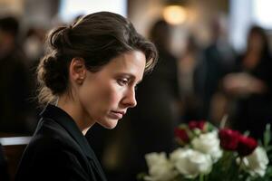 portrait de une triste femme avec une funéraire bouquet de fleurs ai généré photo