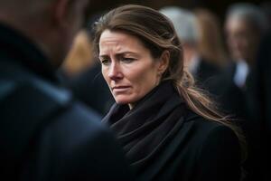 portrait de une triste femme avec une funéraire bouquet de fleurs ai généré photo