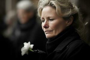 portrait de une triste femme avec une funéraire bouquet de fleurs ai généré photo