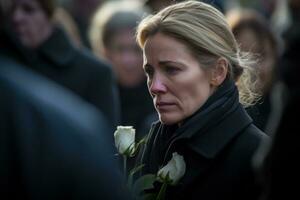 portrait de une triste femme avec une funéraire bouquet de fleurs ai généré photo