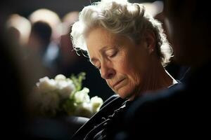 portrait de une triste femme avec une funéraire bouquet de fleurs ai généré photo