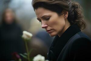 portrait de une triste femme avec une funéraire bouquet de fleurs ai généré photo