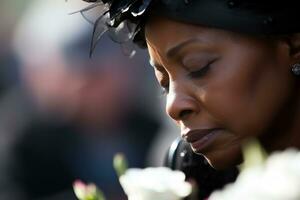 portrait de une triste femme avec une funéraire bouquet de fleurs ai généré photo